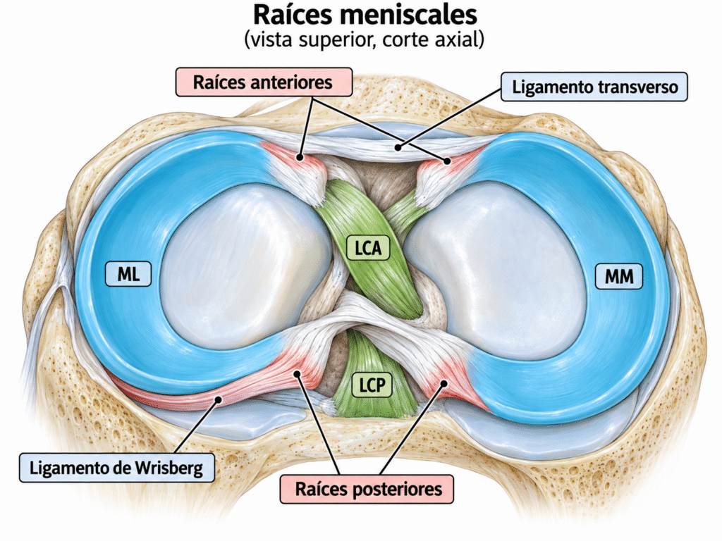 Raíces meniscales: anclajes de los meniscos medial y lateral a la tibia